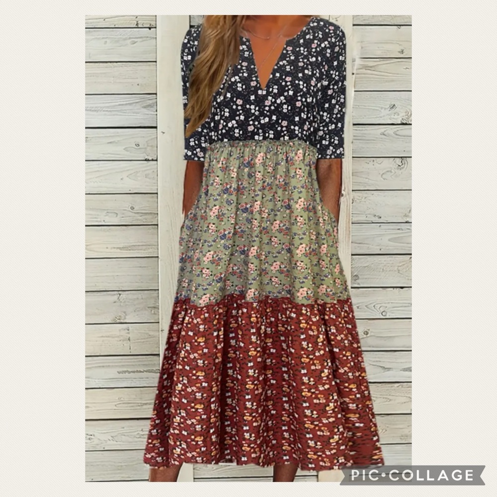 JUST IN! NEW Black, Green, Rust Floral Color Block Dress Size Small HP